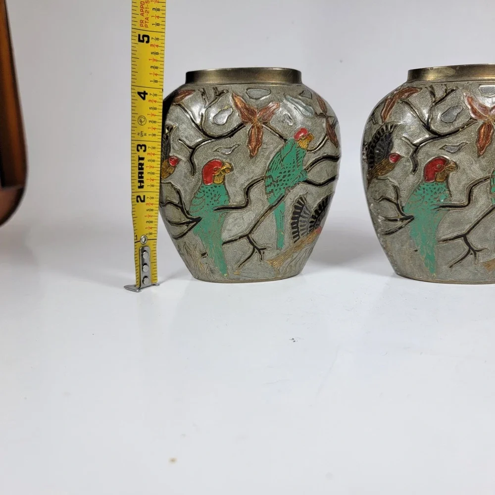 Vintage Brass and Enamel Cloisonné Floral Bud Flat Vase 4.25